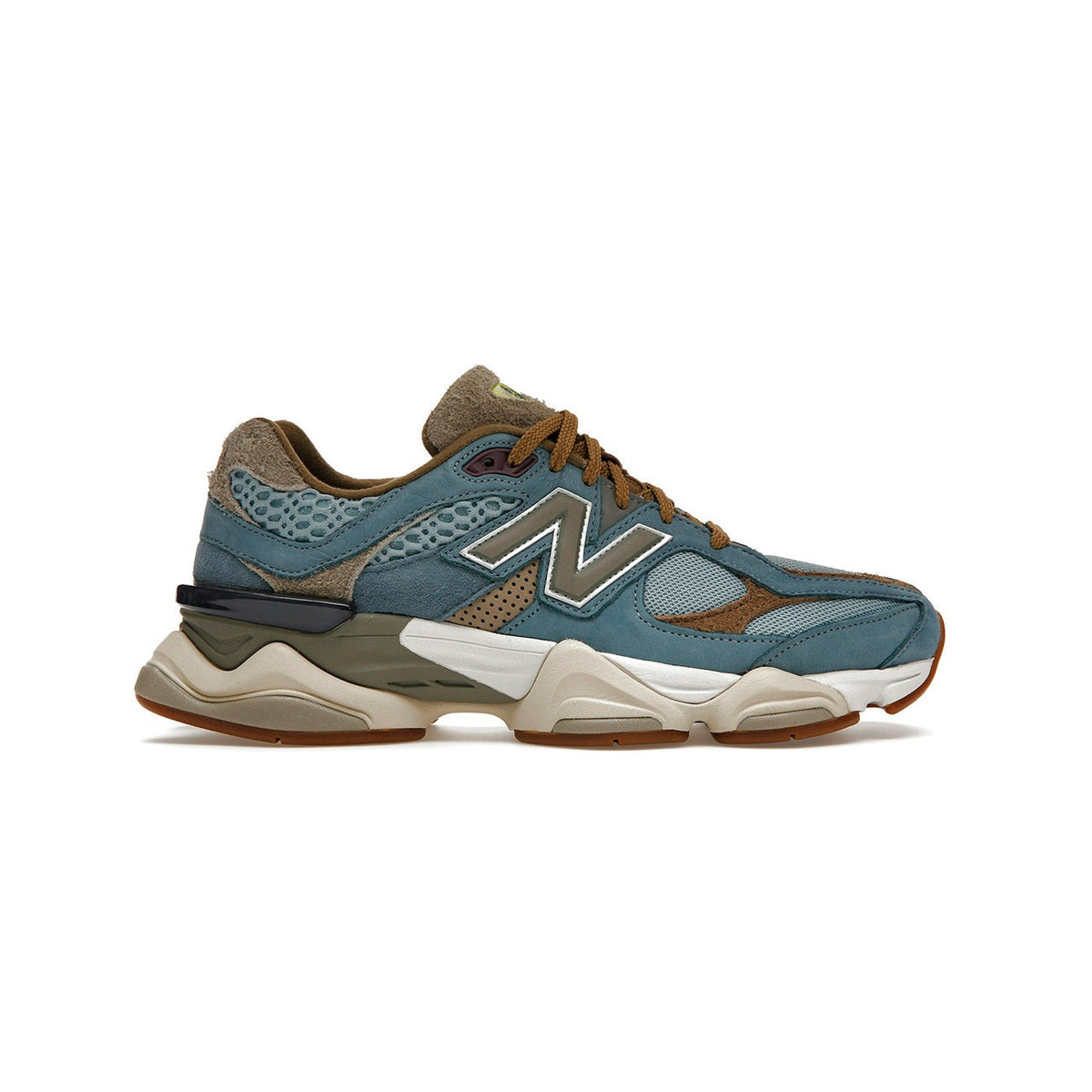 Unisex Chunky Suede Trainers in teal blue, tan, cream – side view