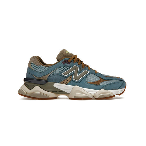 Unisex Chunky Suede Trainers in teal blue, tan, cream – side view